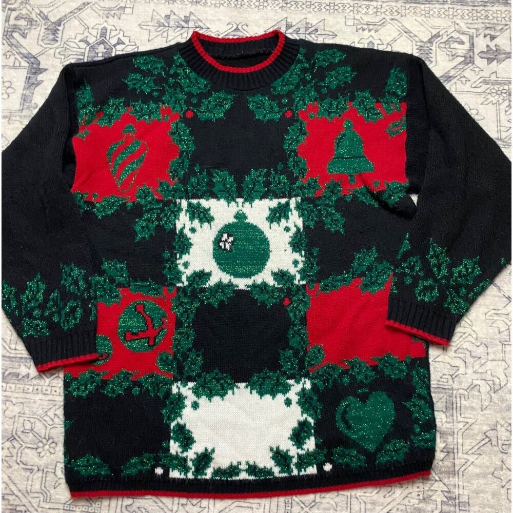 Womens Vintage Christmas‎ Sweater XL Black Red Green Holiday Bells & Holly